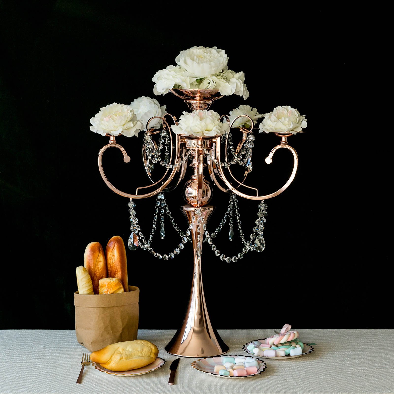 27" Rose Gold Metal 5 Arm Candelabra Candle Holder With Hanging Crystal