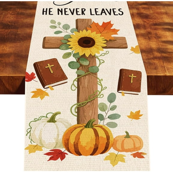 Fall Thanksgiving Table Runner Jesus He Never Leaves Table Decoration for Home Farmhouse Kitchen Dining Dinner Indoor Holiday Decor 13x72 Inch