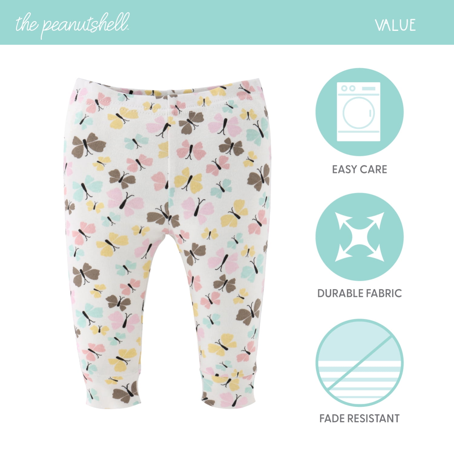 The Peanutshell Baby Girl Pants, Cotton Pull On Pants for 18-24 Months Old, Butterfly Kisses, 5-Pack