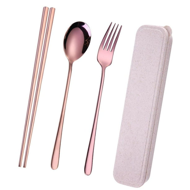 Set de Cubiertos de Estuche de Cubiertos Cuchilleria Tenedor Cuchillo para Almuerzo Escolar Palillos cuadrados 3 piezas de oro rosa