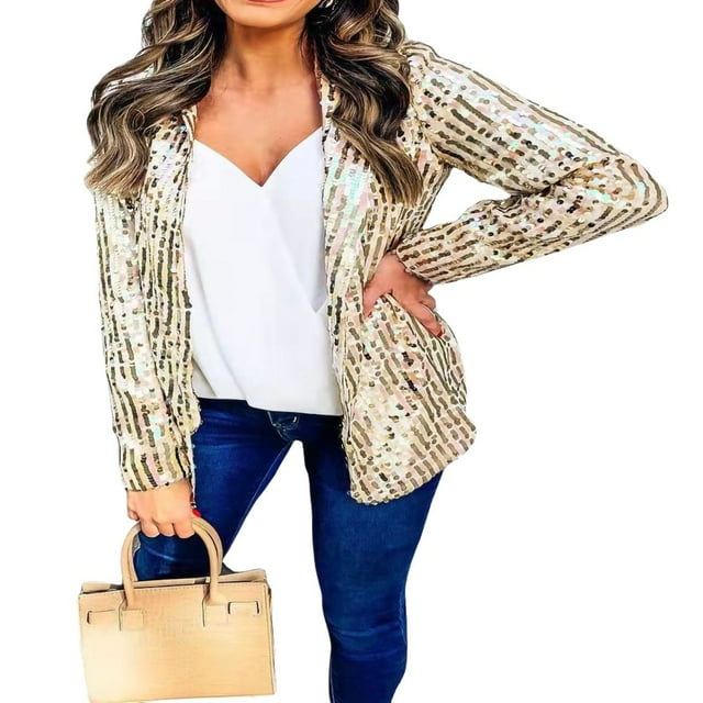 MesaSe Blazer à Manches Longues Ouvert devant avec Paillettes pour Femmes, Coupe Ample, Rose Rouge m