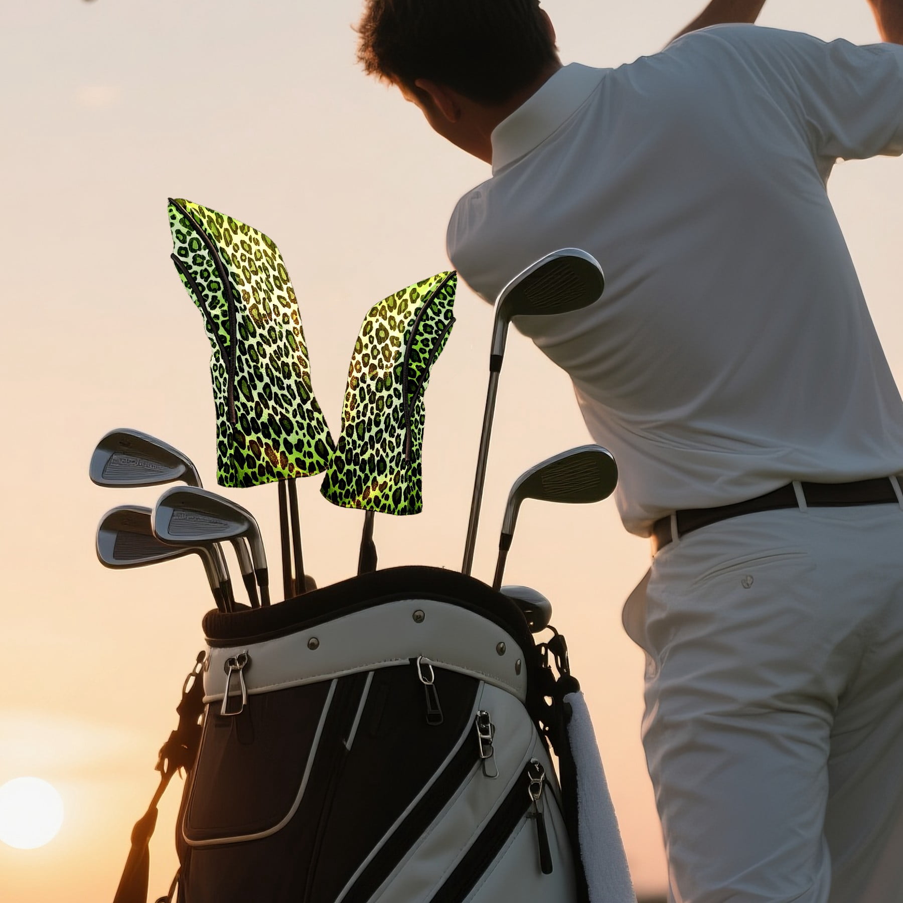 Golf Club Covers, Green Leopard Print Premium PU Leather Driver Hybrid Putter Head Covers with Velvet Lining, Waterproof Golf Gifts for Men Women
