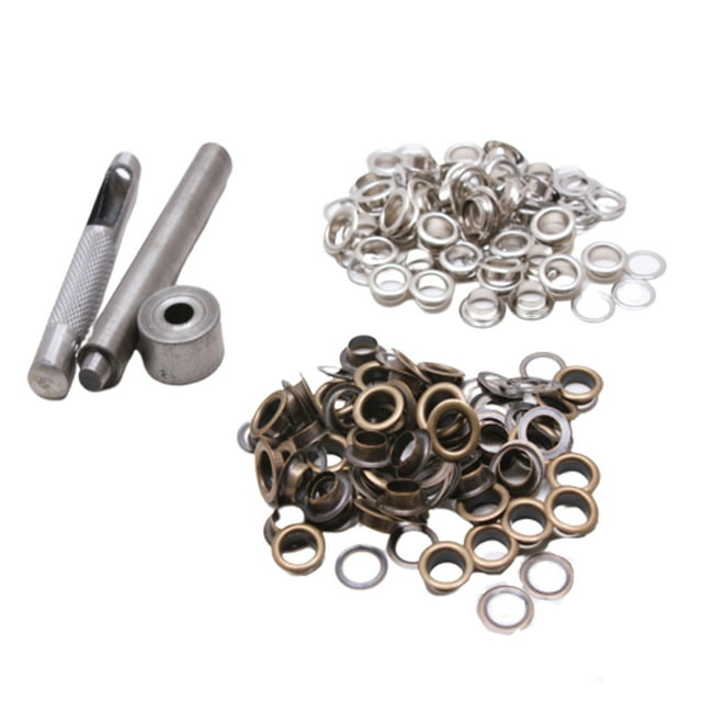 Kit de 100 Œillets en Laiton Robuste avec Outils, Œillets Multifonctions pour Chaussures, Vêtements, Artisanat (Laiton Antique+argent) Diamètre Intérieur 5MM
