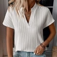thumbnail image 2 of Women V Neck Blouse Short Sleeve Striped Casual Loose Fitting Pure Color Summer Pullover T Shirt White M, 2 of 6