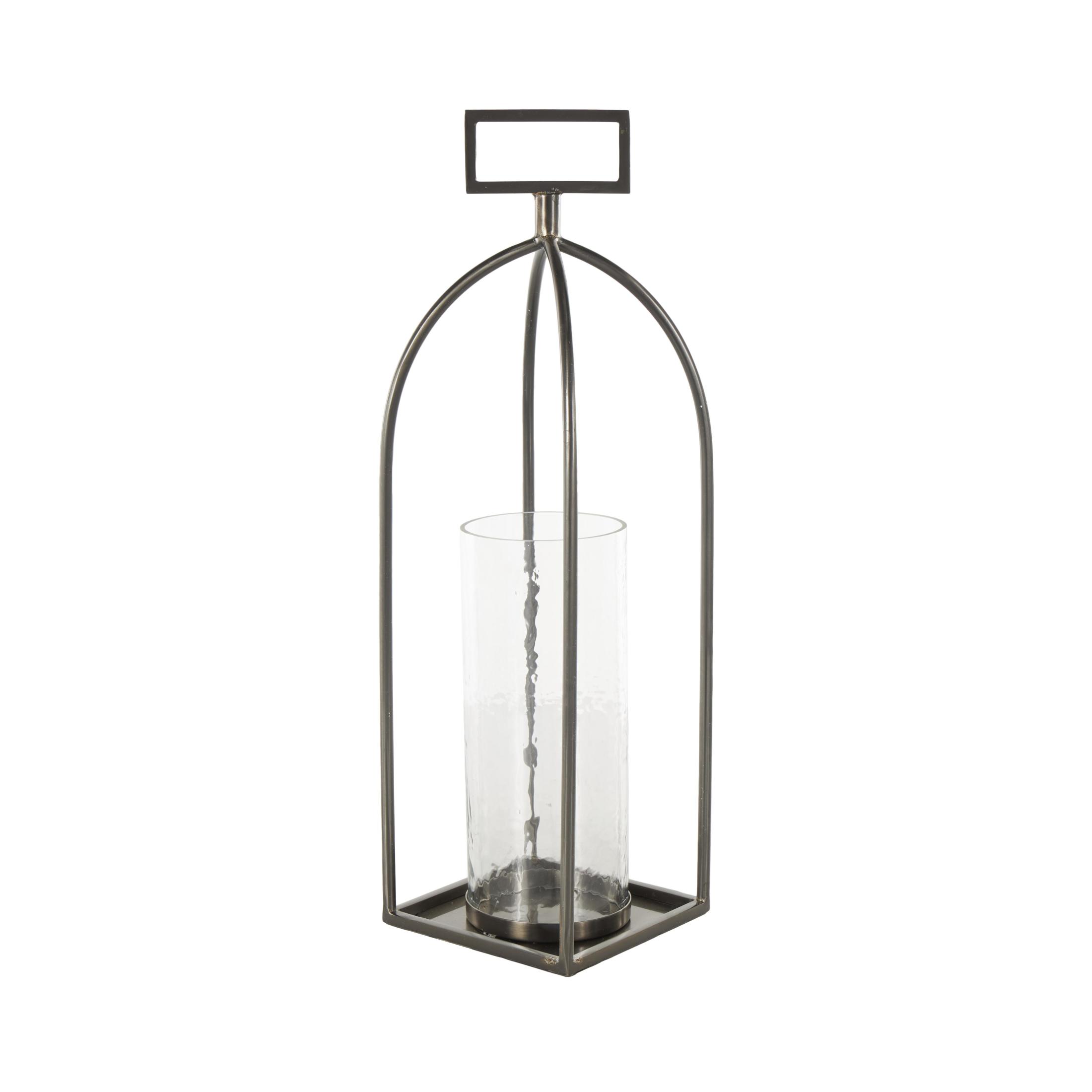 DecMode Silver Metal Open Frame Candle Lantern with Rectangle Handles