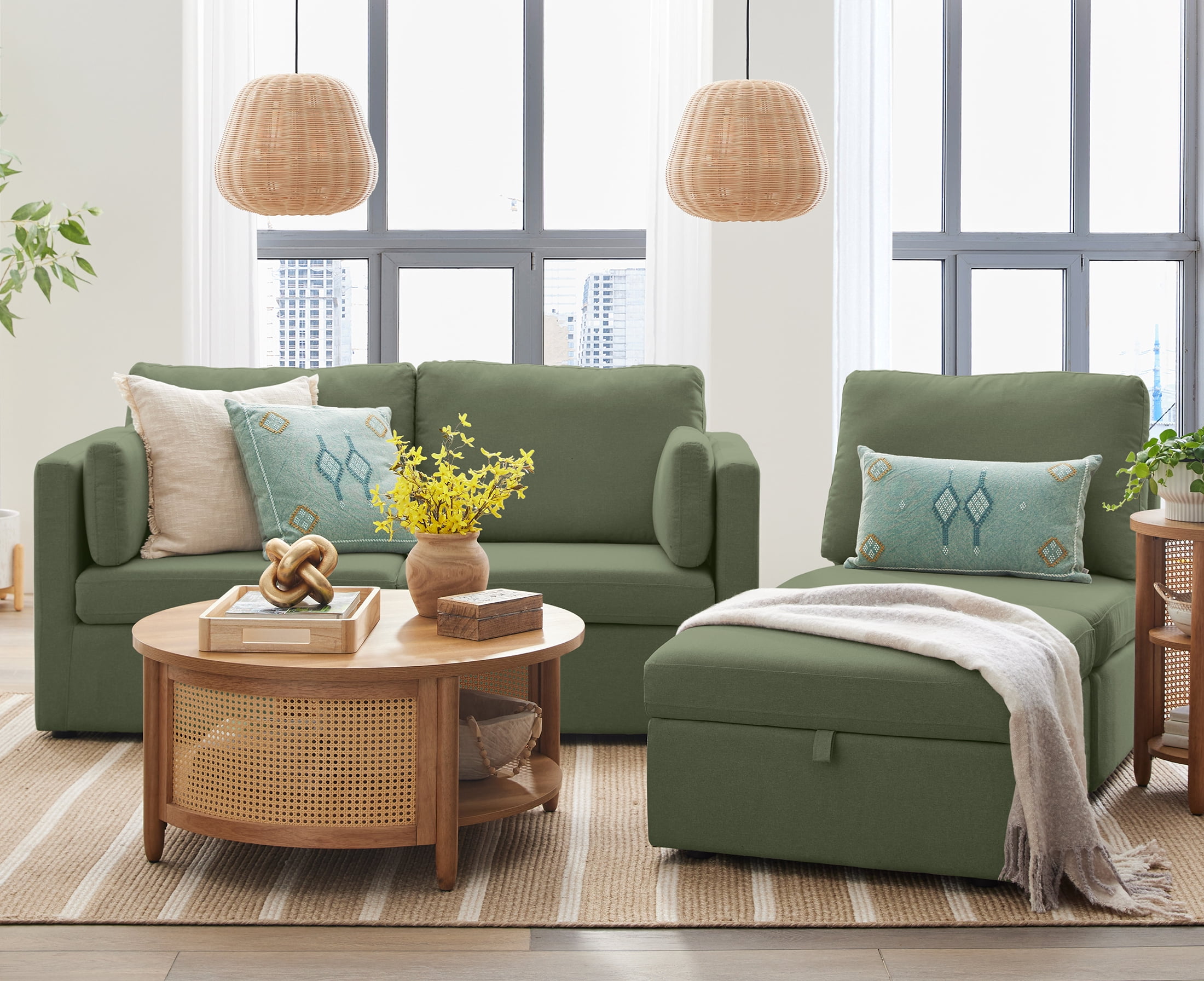 Better Homes & Gardens Modular Sectional Sofa with Storage Ottoman, Olive