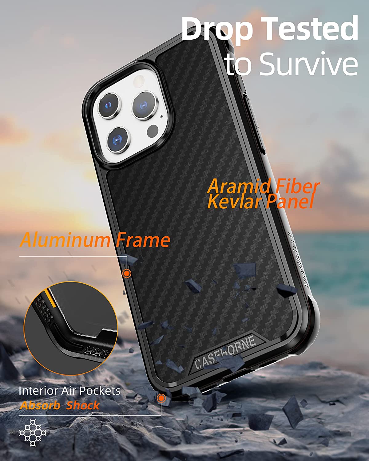 CaseBorne R Series Case for [iPhone 13 Pro Max] Aluminum Frame Aramid Fiber Kevlar Backplate - Black