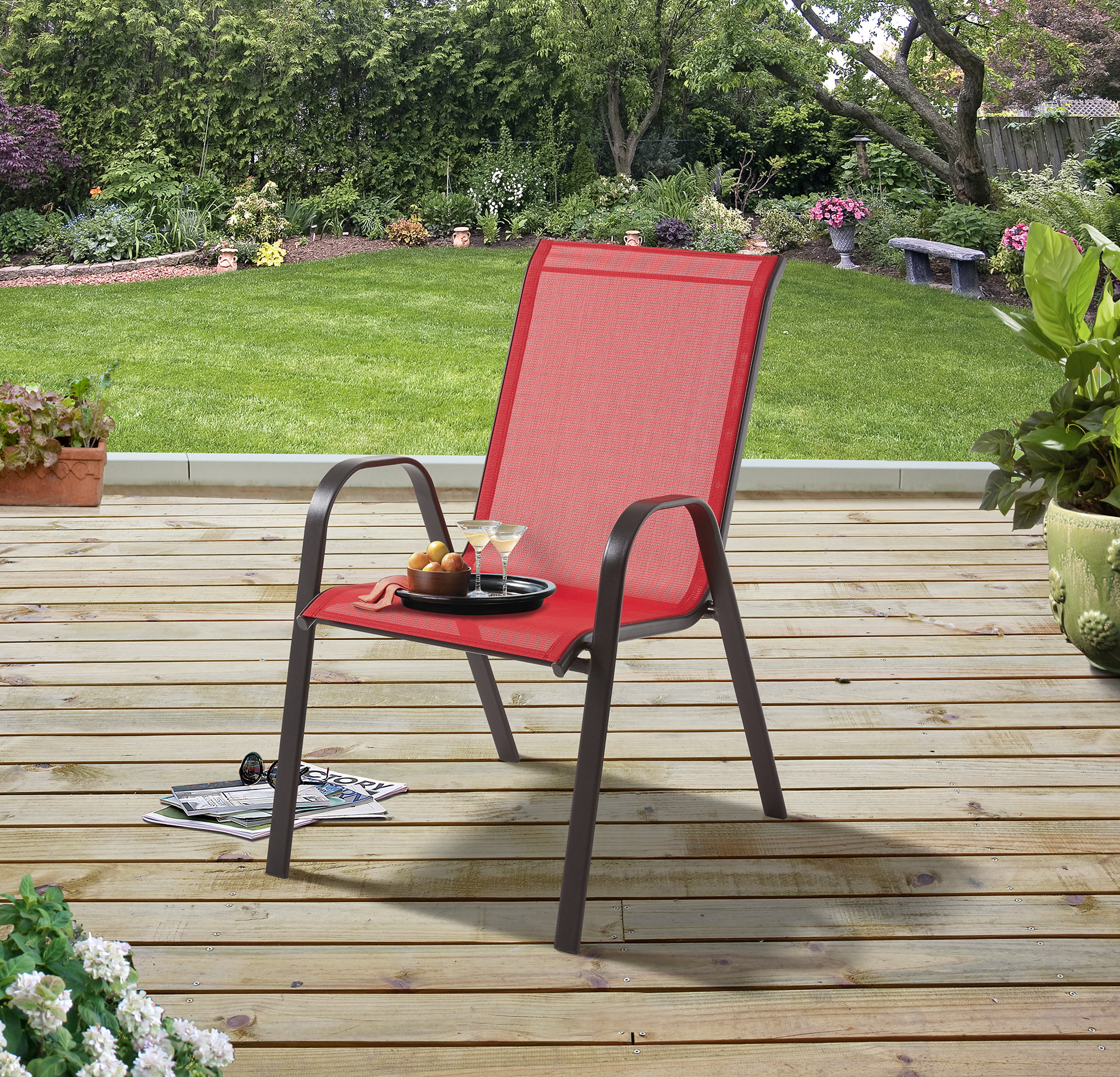 Stacking Sling Outdoor Patio Chair Red, Stackable Outdoor Chairs With Arms