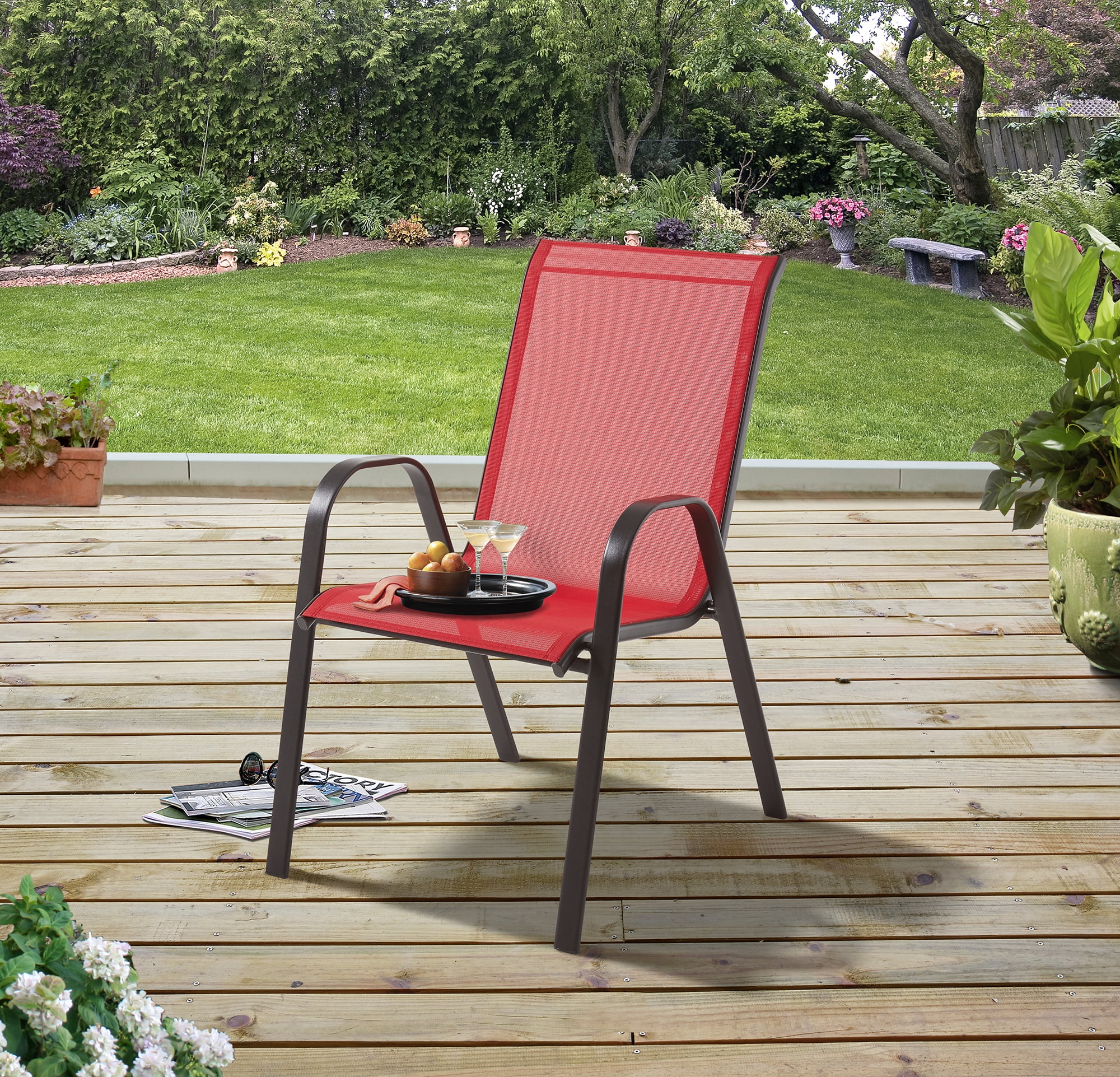 mainstays heritage park stacking sling outdoor patio chair red   walmart