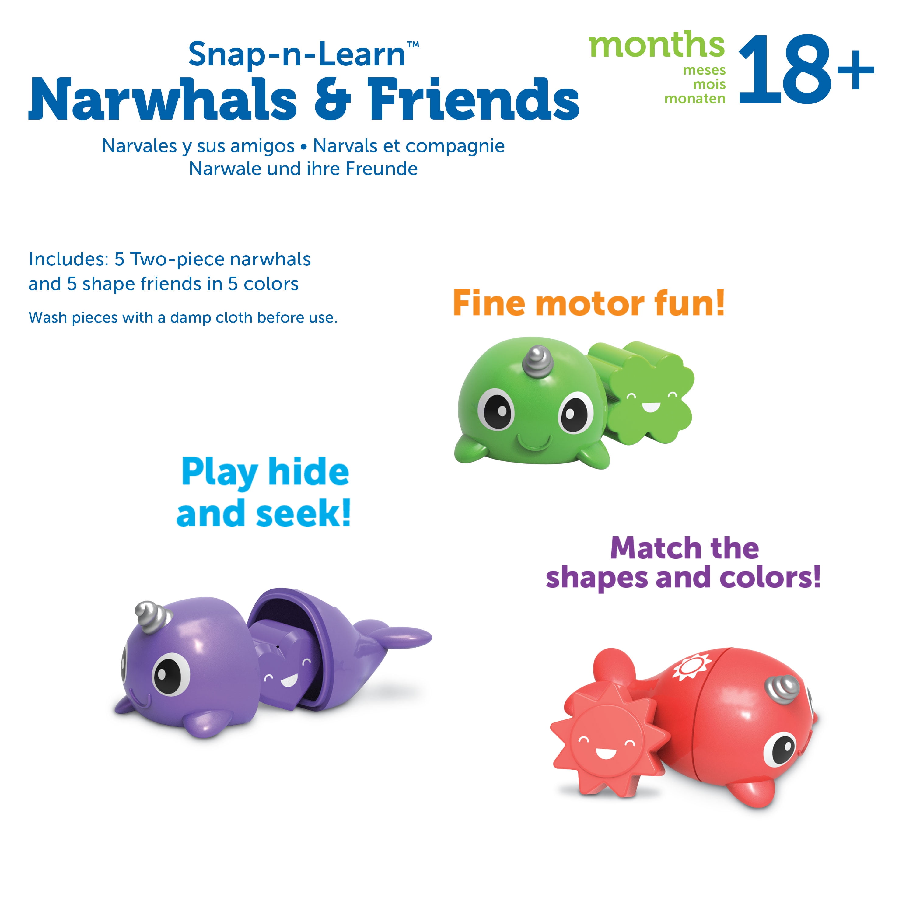 Learning Resources Snap-n-Learn Narwhals & Friends - 15 Pieces, Toddler Learning Toys Ages 18+ months, Sorting Toys for Boys and Girls