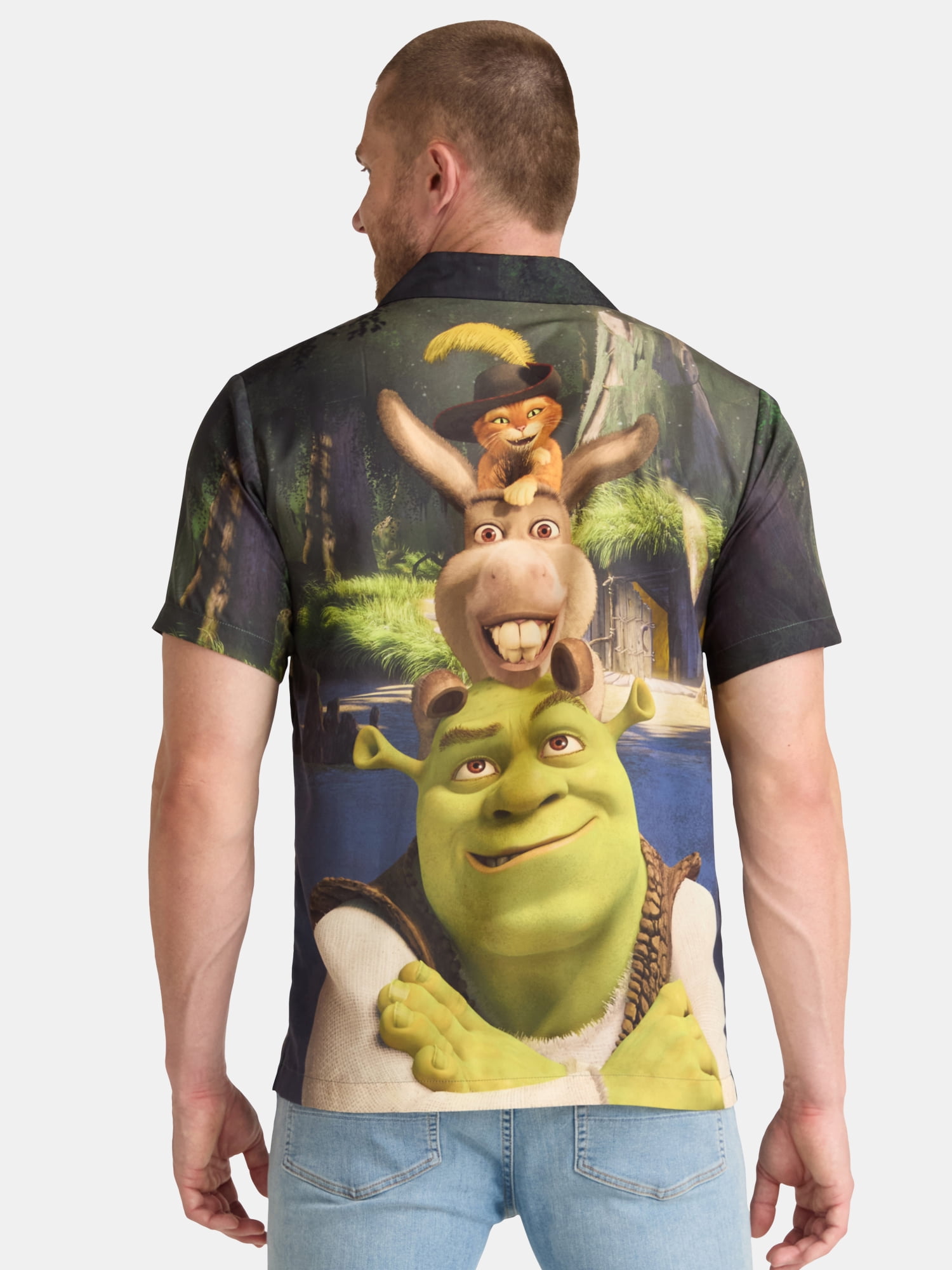 Shrek Men's and Big Men's Group Pose Graphic Button Up Shirt, Sizes S-3XL