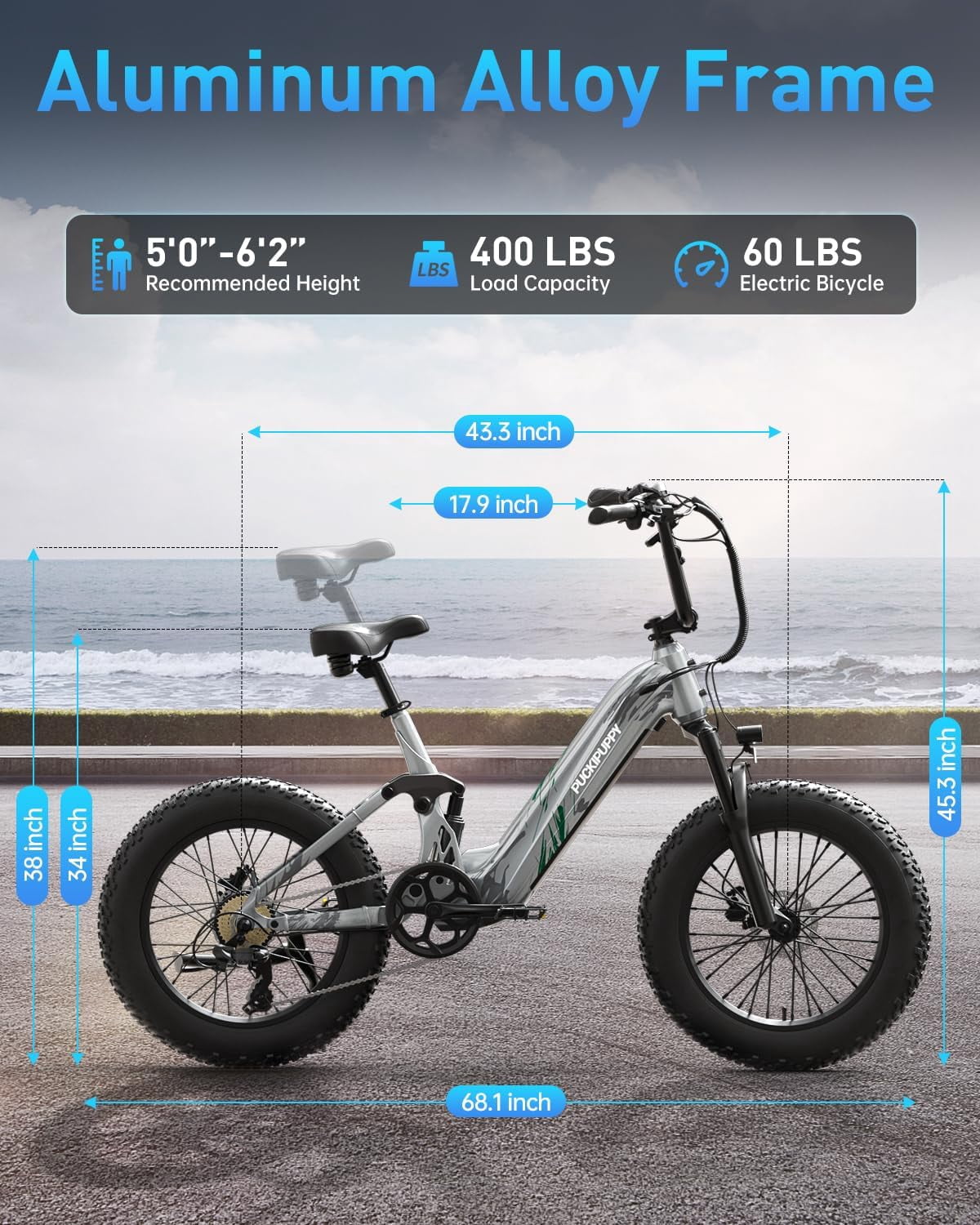 PUCKIPUPPY 20" Fat Tire Electric Bikes for Adults 960W Peak up to 80Miles Range 28 mph Top Speed Full Suspension E-Mountain Bike 48V 20AH Battery 7 Speed Ebike (Corgi), Comply with UL2849 By SGS