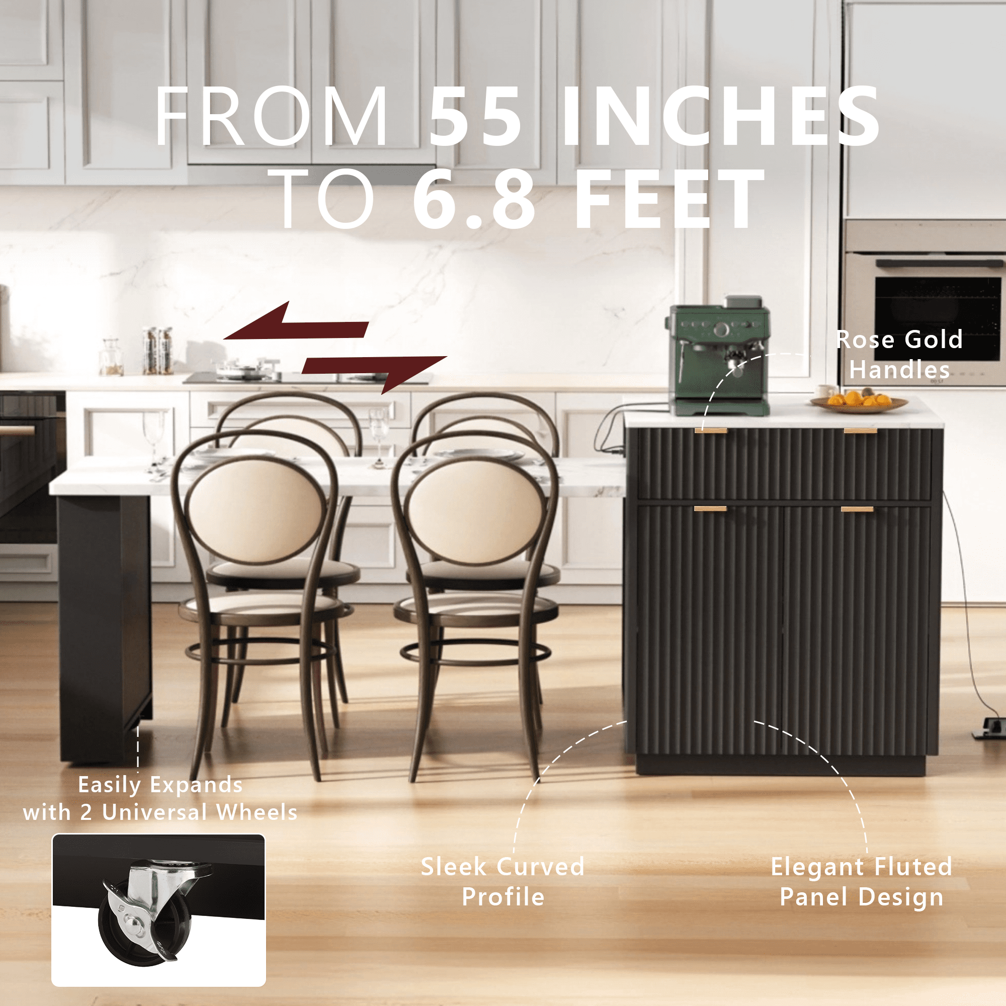 Harper & Bright Designs Fluted Kitchen Island with Extendable Dining Table for 4-6, Island Table for Kitchen with Power Outlet, Kitchen Table with Double-Side Storage and 2 Side Open Shelves, Black