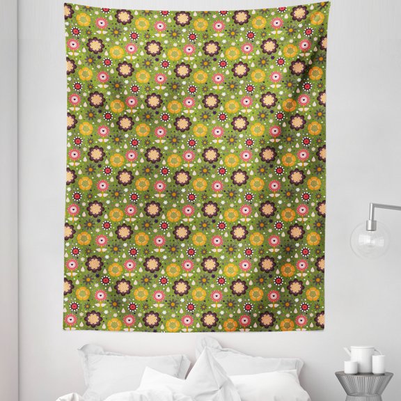 Floral Tapestry, Spring Nature Botanical Pattern with Abstract Design Flowers, Fabric Wall Hanging Decor for Bedroom Living Room Dorm, 5 Sizes, Olive Green Multicolor, by Ambesonne