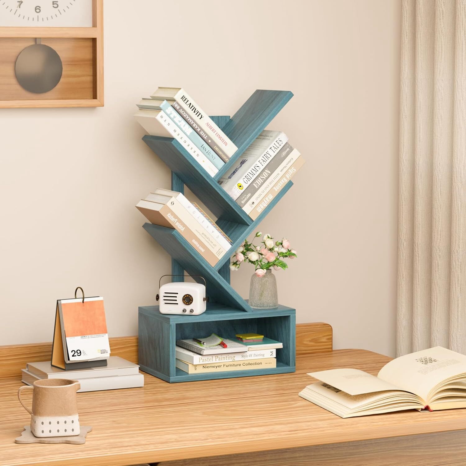5 Tier Tree Bookshelf, Small Bookshelf, Desktop Bookshelf Floor Standing Bookcase Display for CDs/Magazine/Books, Book Organizer Shelves for Bedroom, Blue