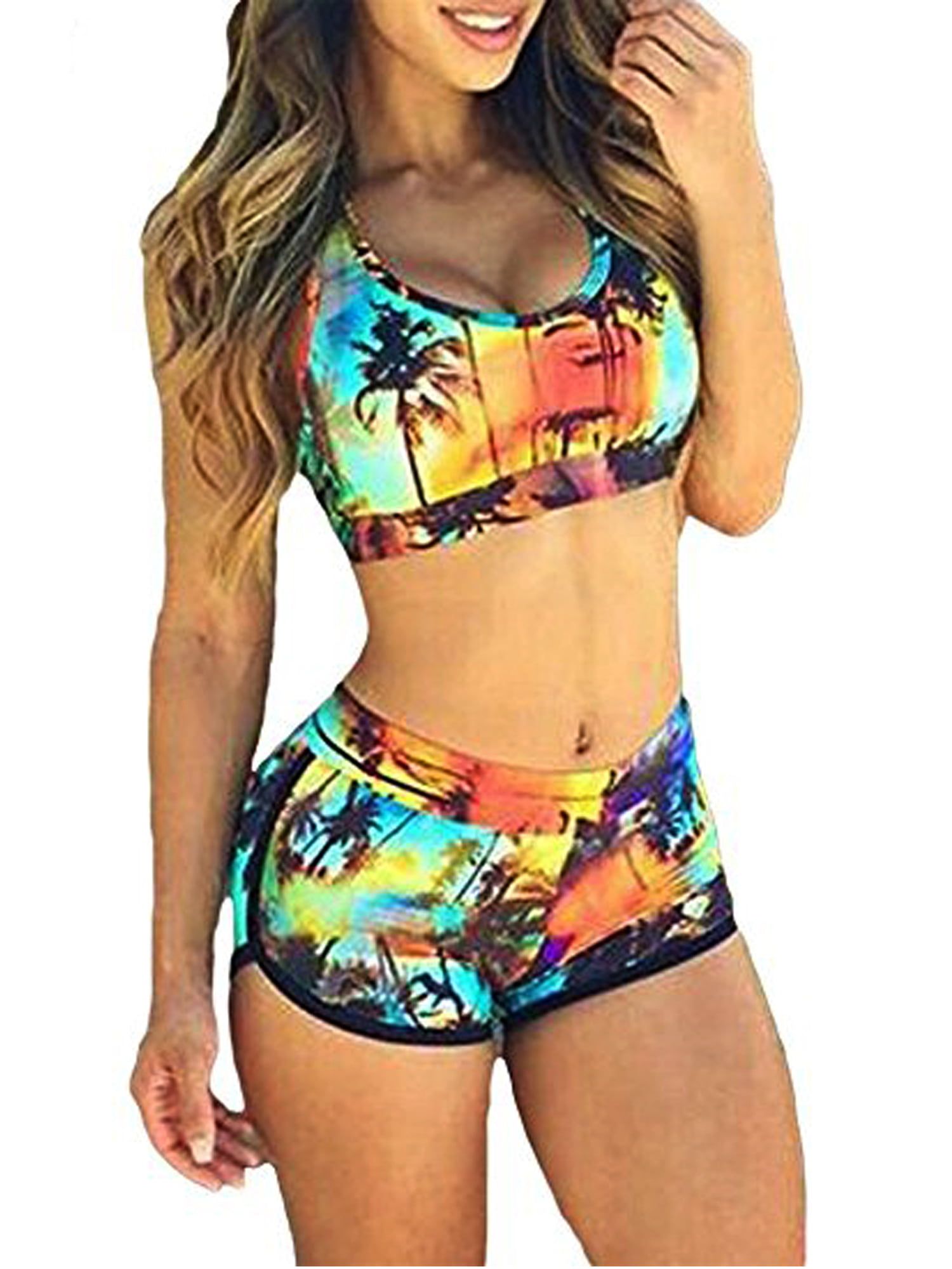 Bikini Swimsuit for Women Two Piece Swimsuits Halter Bikini Set with Boyshort Athletic Bathing Suit Small Multicoloured 