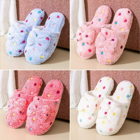 

SALE Women Slient Indoor Slippers Furry Fleece Knotbow Polka Dot Closed Toe House Shoes Comfort Soft Non-Slip Home Shoes