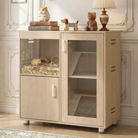 Hamster Cage with Storage Cabinet 4-Tier Large Guinea Pig Cage Small Animal Habitat with Acrylic Panels Window and Openable Top Suitable for Chinchillas (Teak Large)