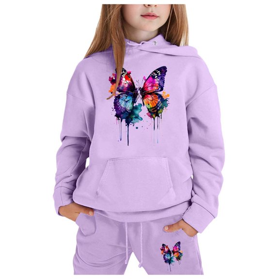 Girls Sweatsuit - Girls Long Sleeve Solid Warm Hoodie Pullover Tops Pants Kids Outfits Sweat Suit Set (Purple,6-7 Years)