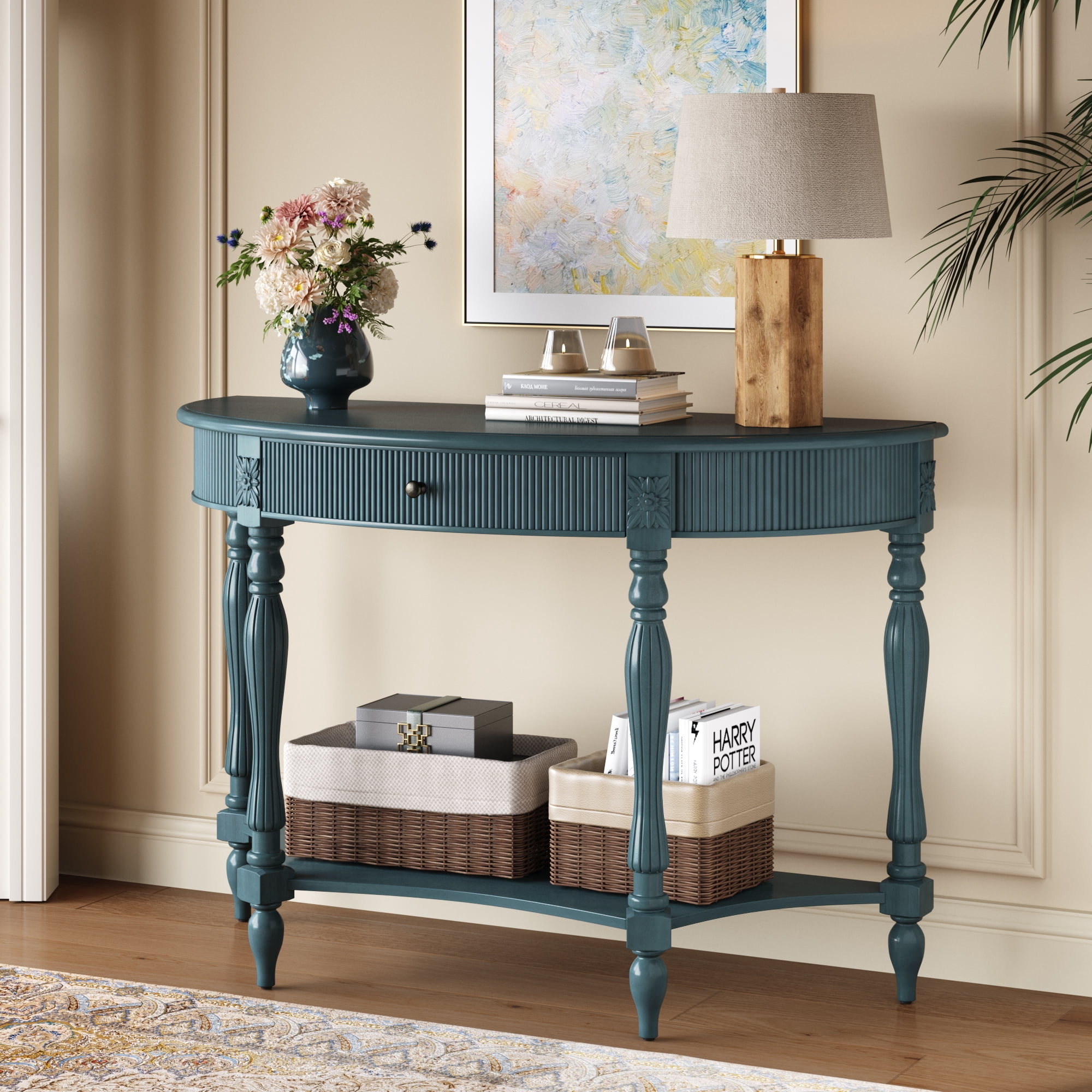 Solid Wood Half Moon Console Table with Drawer & Shelf, Fluted Vintage Curved Entryway Table for Hallway Living Room Foyer, Narrow Space Sofa Table with Roman Column Carved Legs,Rustic Blue