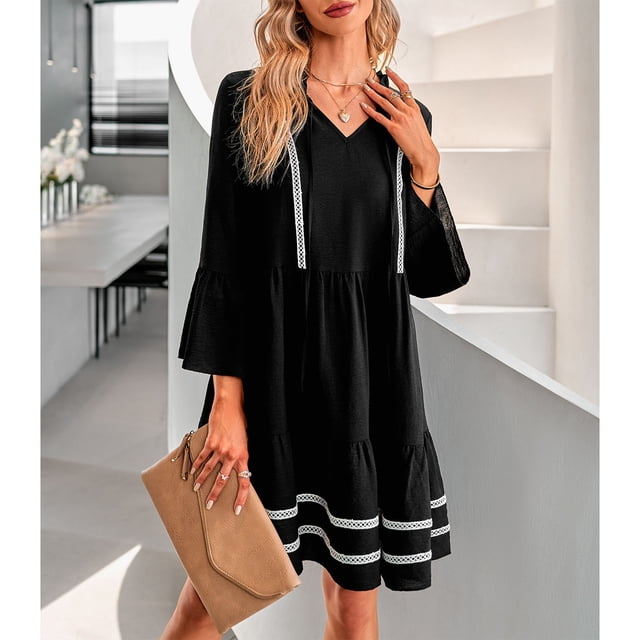 Vestido de manga tres cuartos, vestido con volantes y cuello en V Vestido con cuello en V para mujer Vestido informal con cuello en V Rendimiento de primera categoría