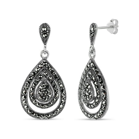- Swarovski Marcasite Sterling Silver Oxidized Double Pear-Shaped Drop Earrings