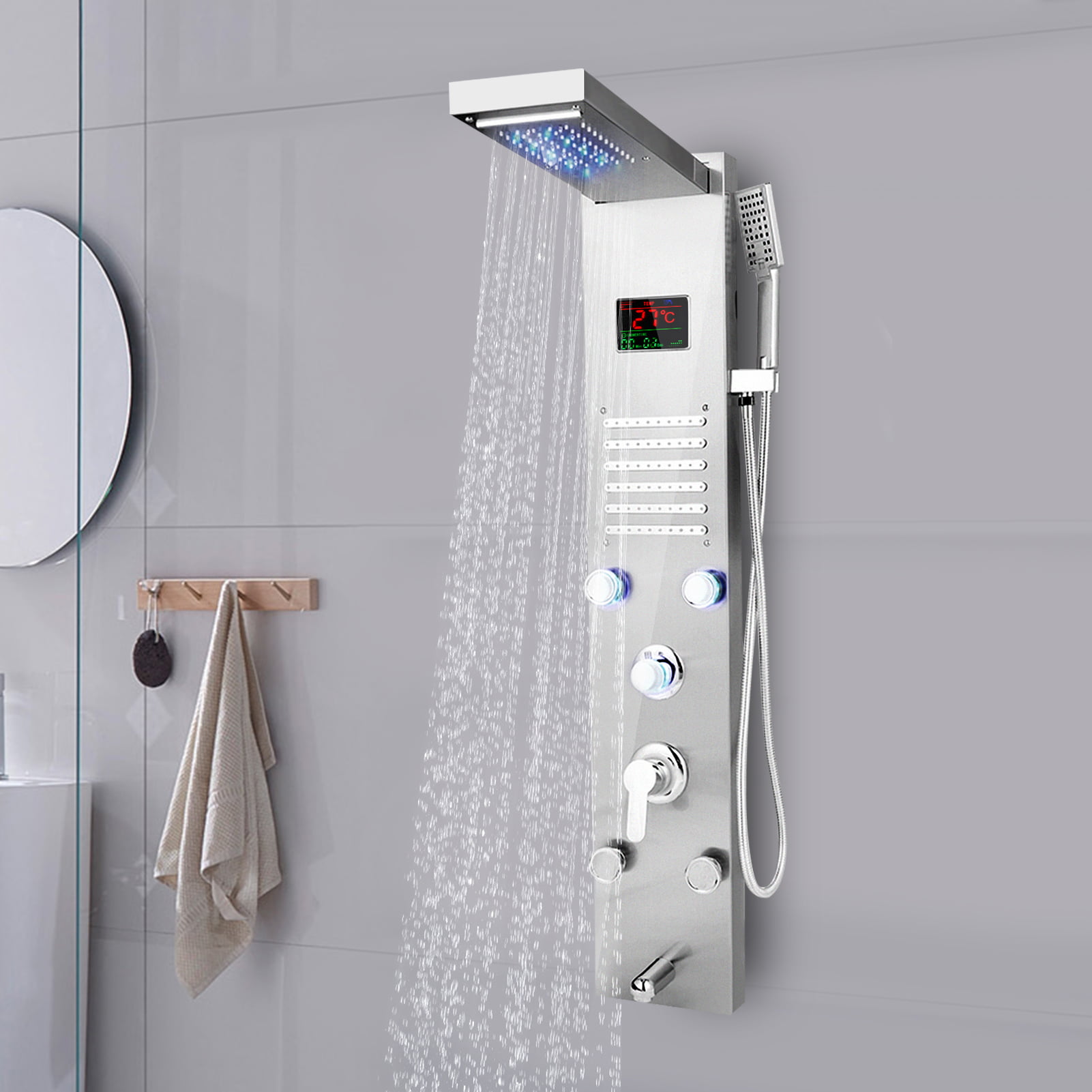 Black Shower Column Panel System Hand Shower Massage Jet Temperature Display