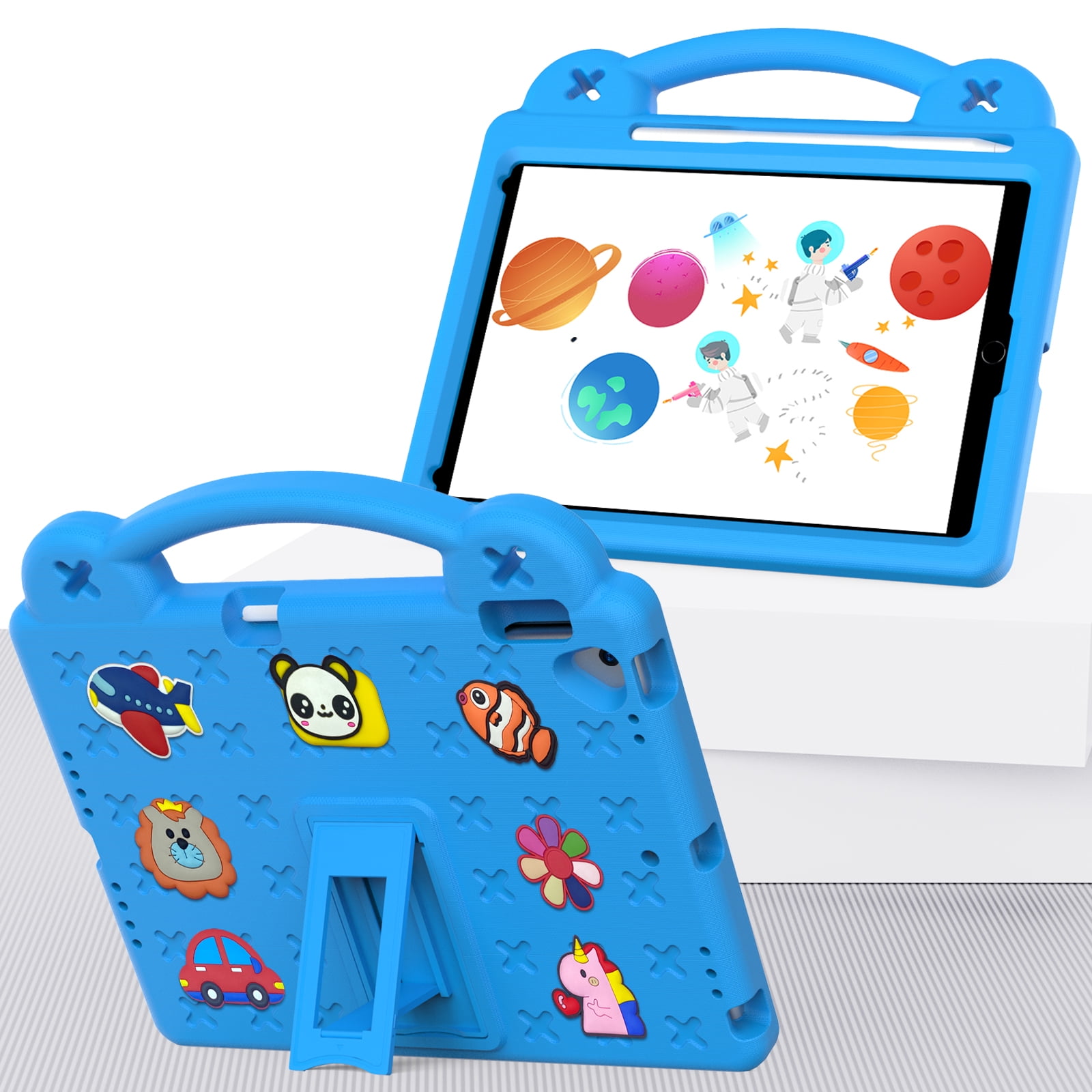 ELEHOLD Kids Case for iPad 9th/8th/7th Gen (2021/2020/2019)10.2 inch, EVA Foam Cute Cartoon Case with Built-in Kickstand Pencil Holder Shockproof Portable Case for iPad 10.2",Skyblue