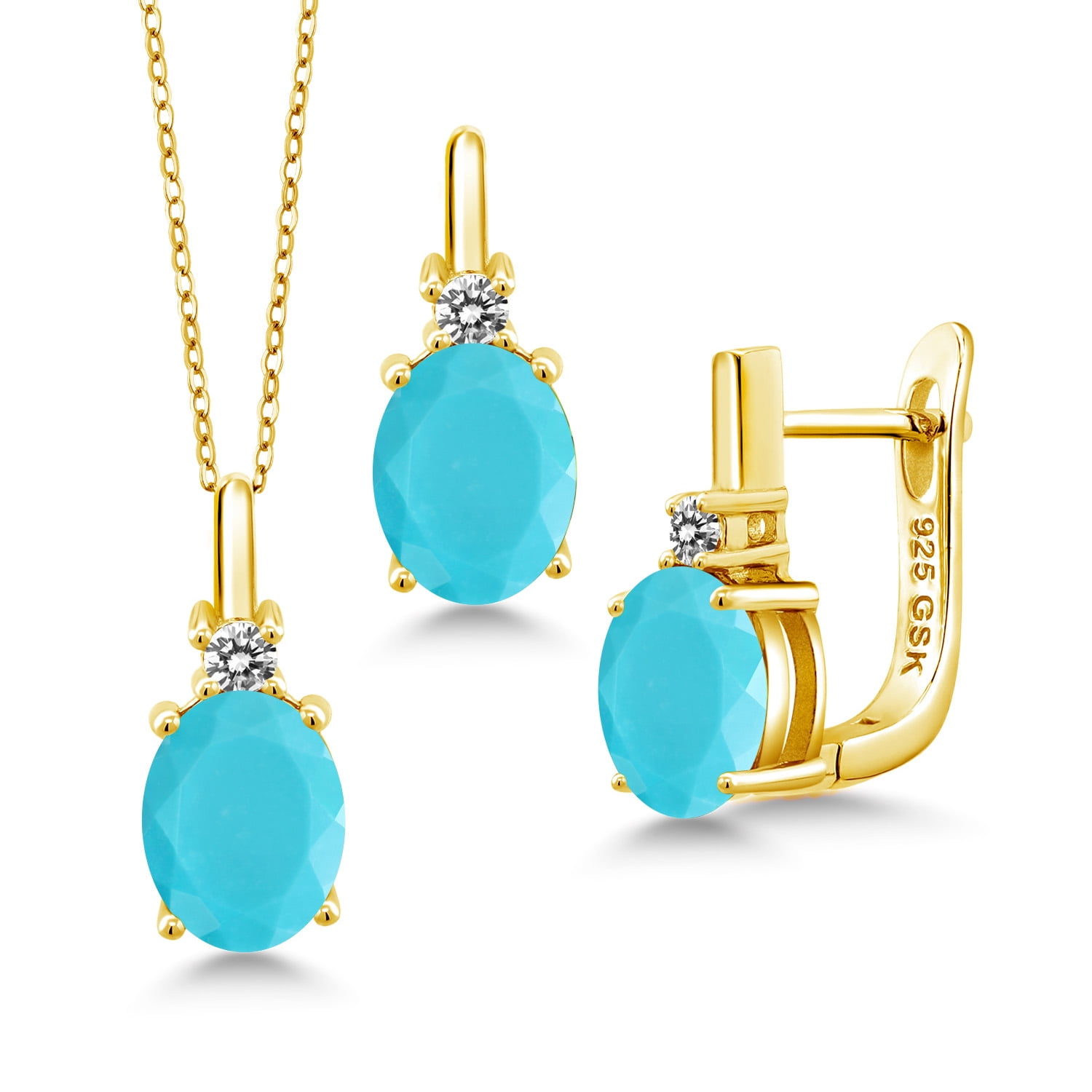 Gem Stone King 4.70 Ct Green Turquoise White Diamond 18K Yellow Gold Plated Silver Pendant and Earrings Jewelry Set