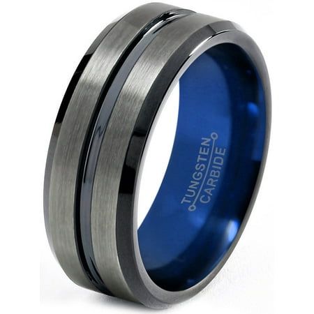 P. Manoukian Tungsten Wedding Band Ring 8mm for Men Women Blue Black Gunmetal Beveled Edge Brushed Polished Lifetime Guarantee Size 6.5