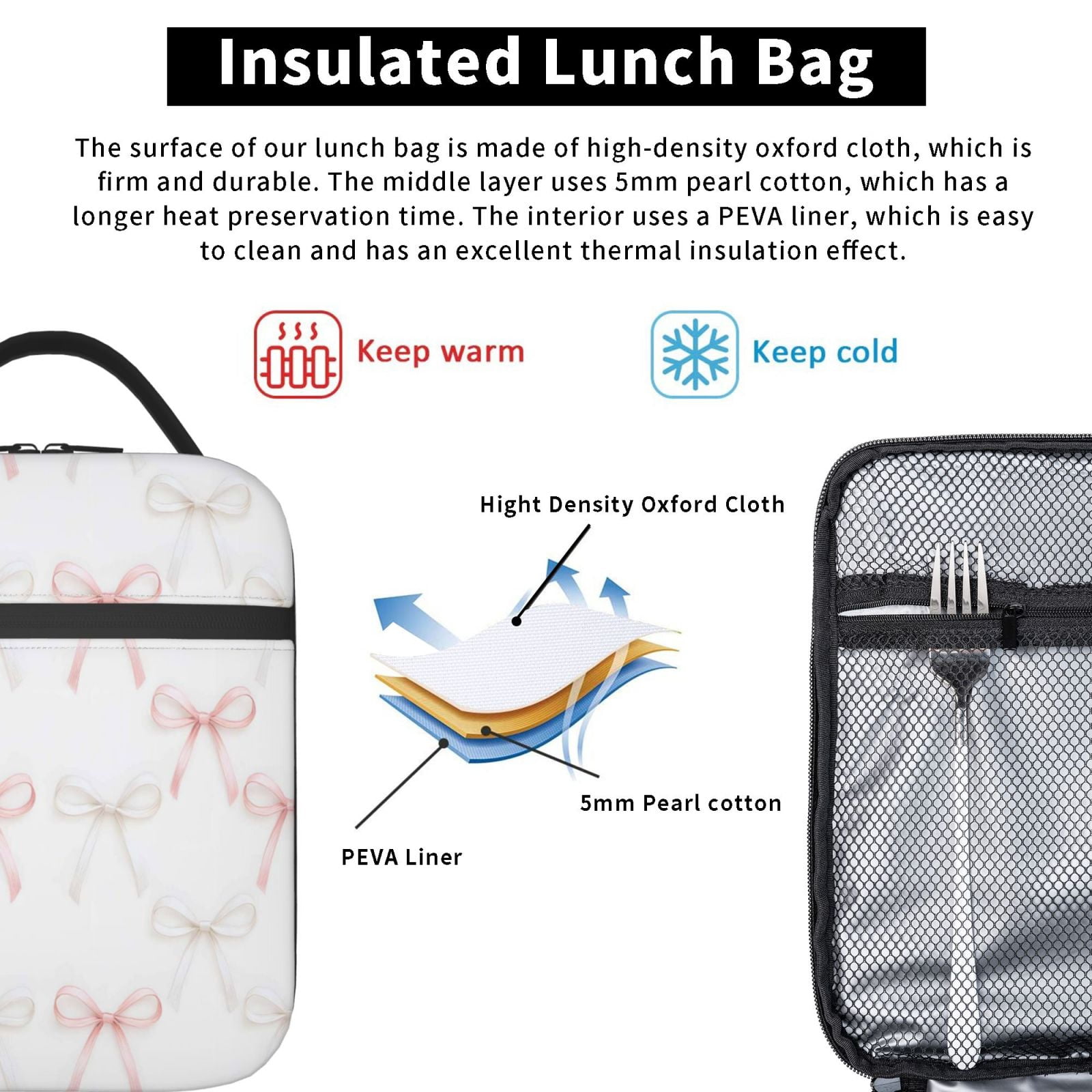 Lunch Bag For Women Men Insulated Portable Lunch Box Bento Box Office Picnic Travel Cooler Bag Pink And White Bow Tie