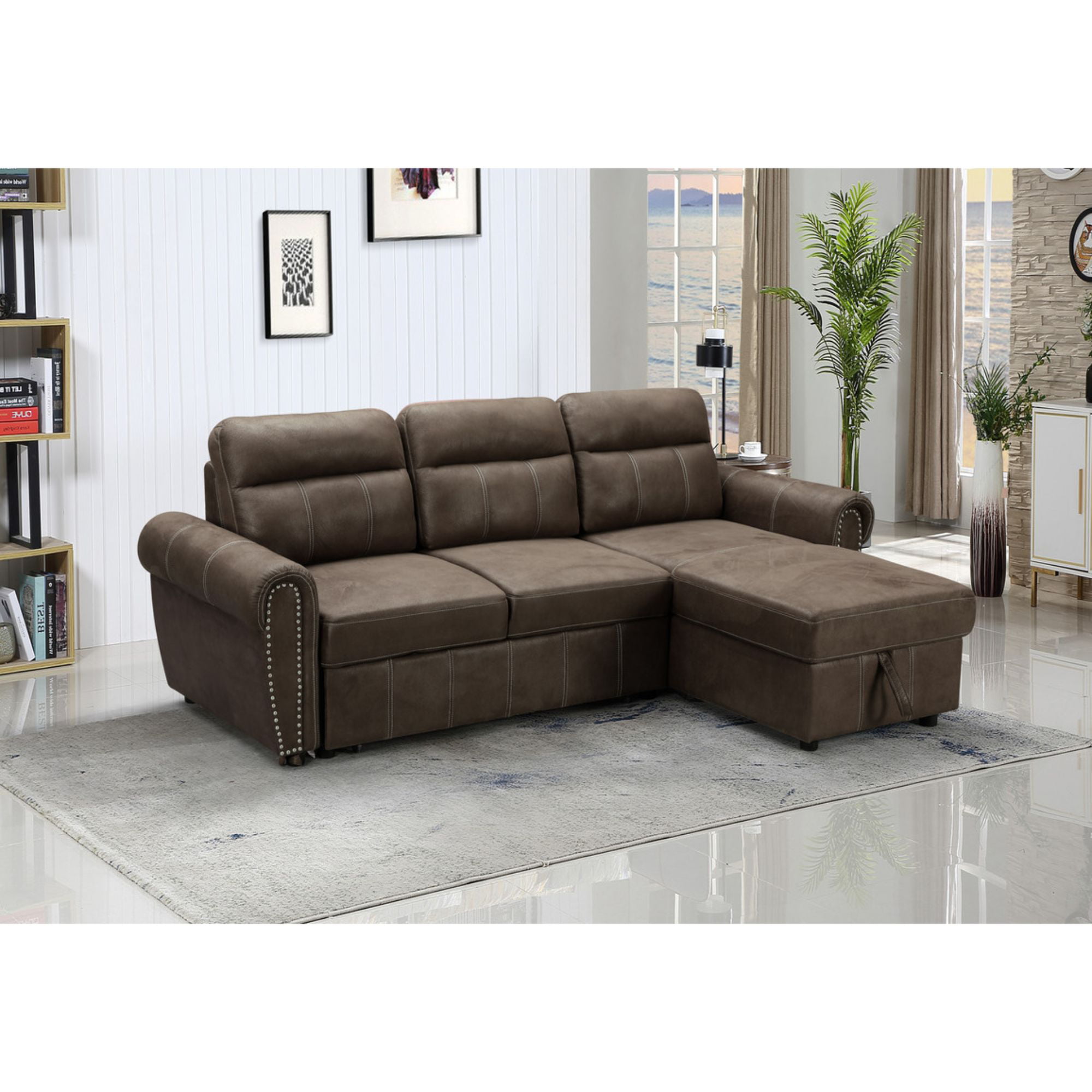 96 Ashton Brown Polished Microfiber, Tan Sectional Sleeper Sofa