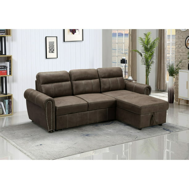 96 Ashton Brown Polished Microfiber, Brown Sectional Sofa Bed