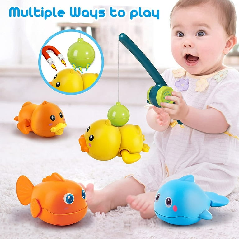 Dwi Dowellin Baby Bath Toys,Bathtub Toys for Toddlers Floating Wind Up  Swimming Fish and with Storage Organizer,Fishing Game with Fishing Pole &  Net