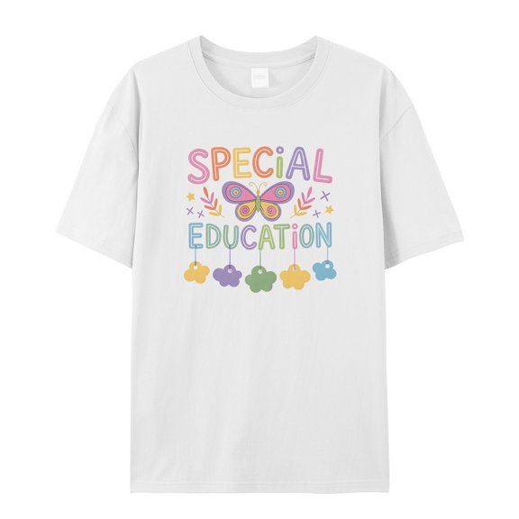 Women's Graphic T-Shirt Tops White 2XL Special Education Butterfly Women's Tops Crew Neck Short Sleeve Tees