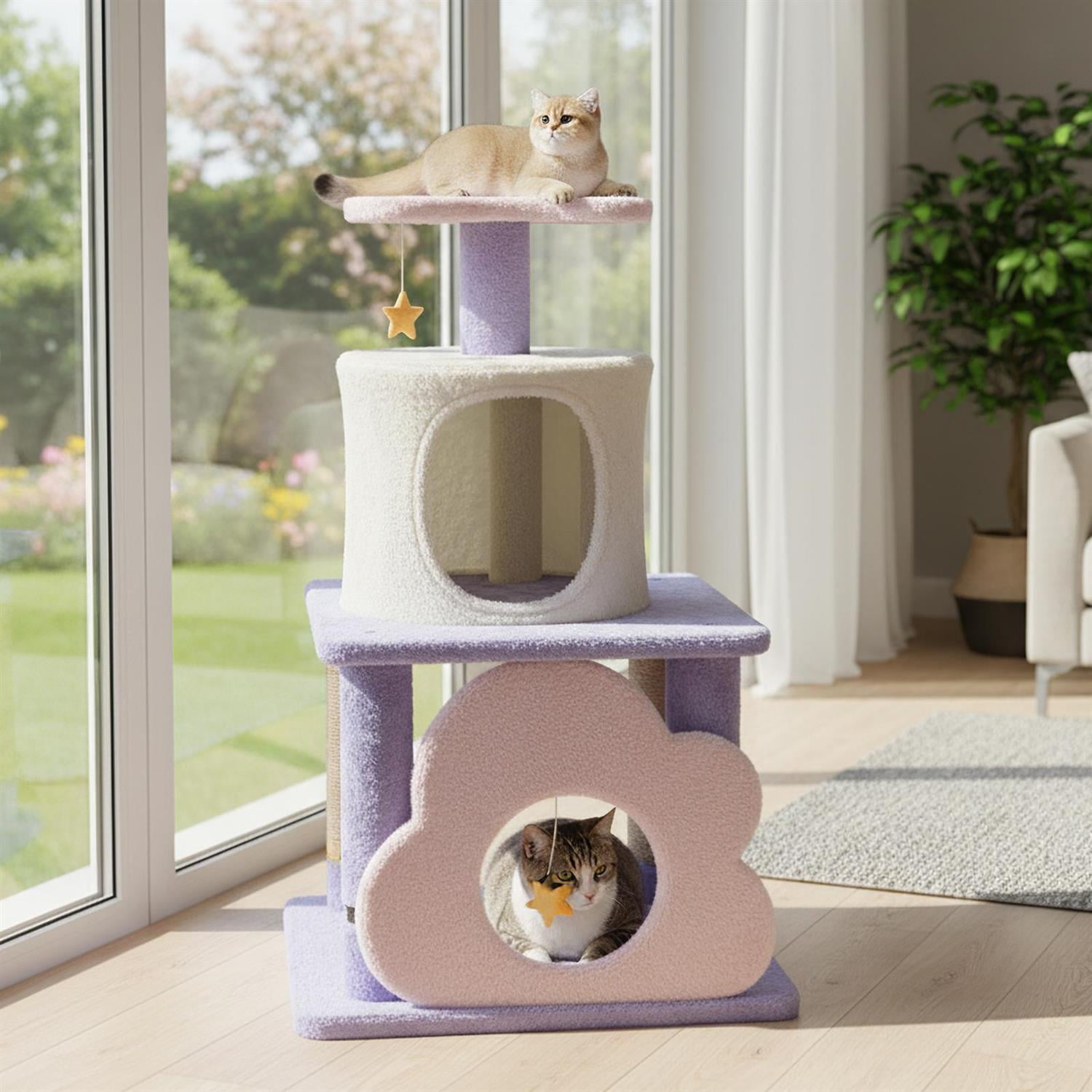 Demi Bonn 31.5" Cute Modern Cat Tree, Multi-Level Kitten Tower, Moon-shaped Perch & Cloud Cave, Purple