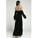 thumbnail image 1 of ABPHQTO Vestido largo plisado con manga farol y hombros descubiertos con volantes negros para mujer con abertura, 1 of 5
