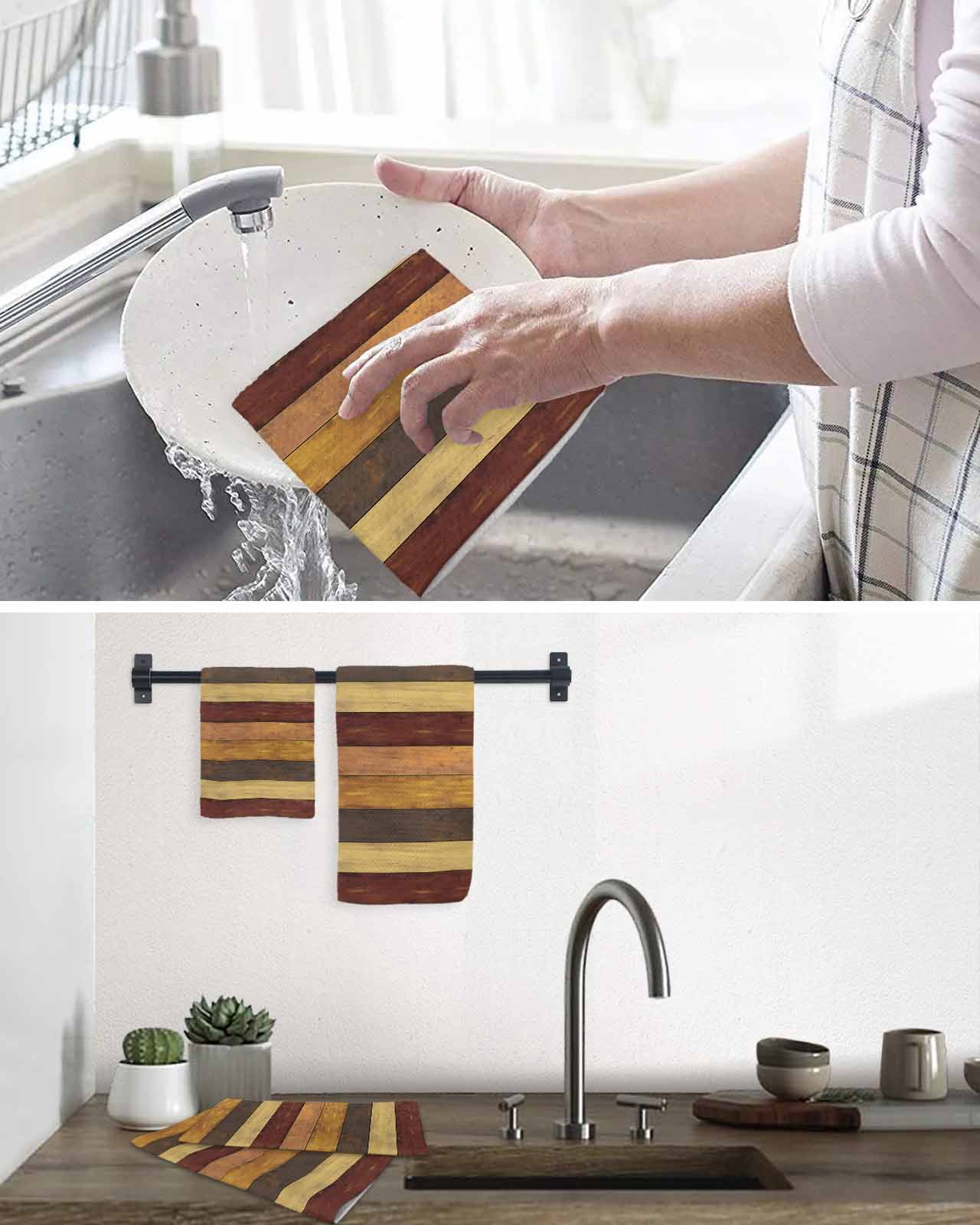 Brown Red Grey Farmhouse Kitchen Dish Towels for Drying Dishes Set of 3, Vintage Wooden Country Waffle Weave Microfiber Terry Hand Tea Bathroom Towels Quick Dry & Absorbent Towel 15.7x23.6