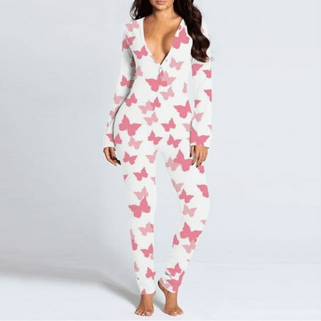 

LINMOUA Ladies Casual Long-sleeved Printing Detachable Button Flap Adult Pajamas One-piece