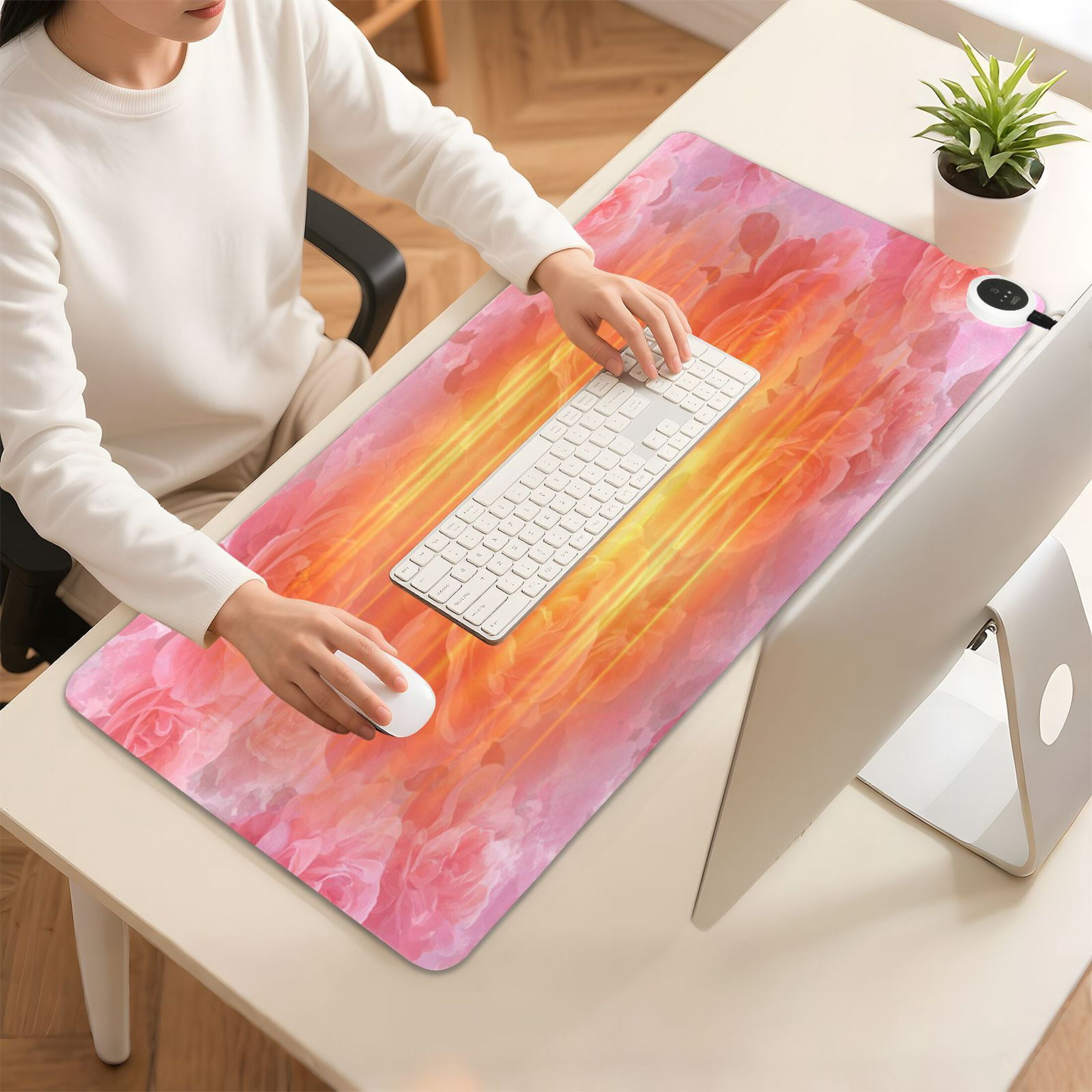 Large Heated Desk Mat Mouse Pad 31.5"x13"PU Leather Graphene Heating Desk Warmer with 3 Temperature Settings 110V US Plug Non-Slip Warm Pad for Home, Office, and Gaming Pale Pink Roses Pattern