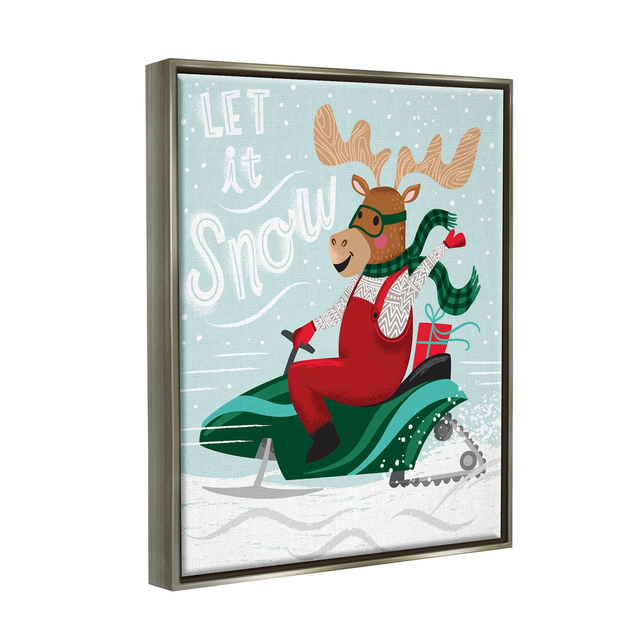 Let It Snow Moose Sleigh Holiday Graphic Art Luster Gray Framed Art Print Wall Art
