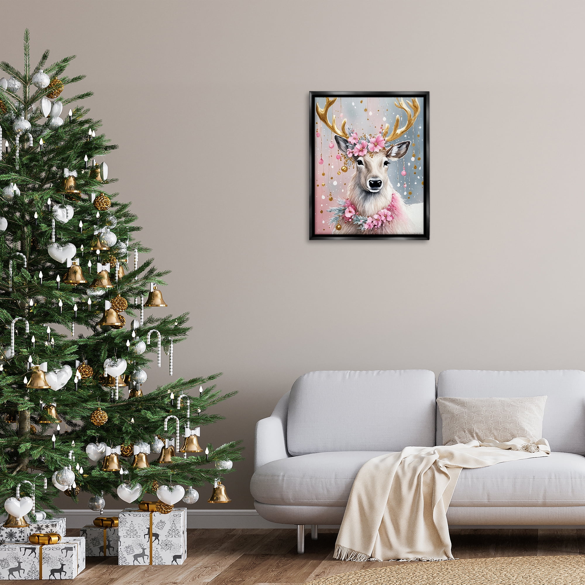 Stupell Industries Pink Floral Festive Reindeer Holiday Painting Black Floater Framed Canvas Art Prints Wall Art, 25 x 31