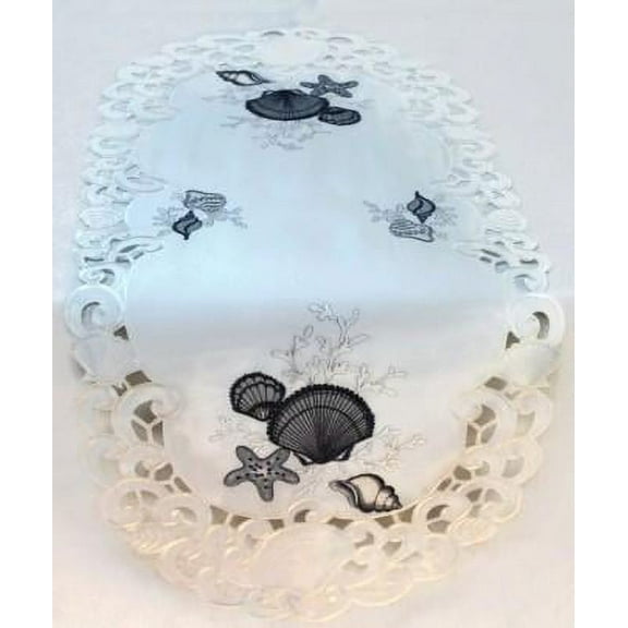 Doily Boutique Table Runner Embroidered with Blue Seashells on Bleached White Fabric, Size 54 x 15 inches