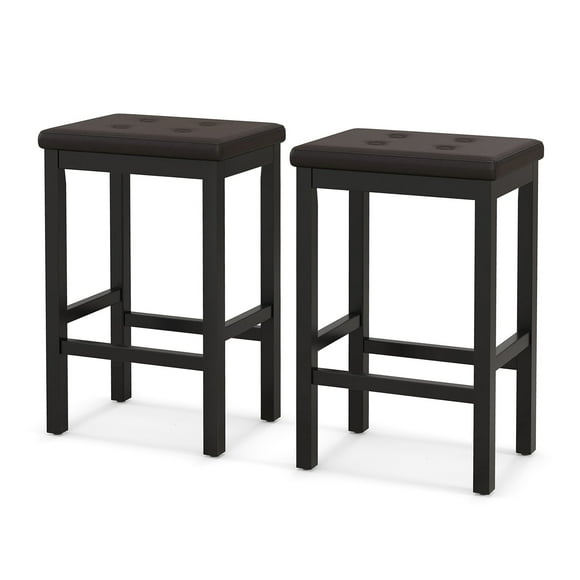 JWRWEFA 24 Inch Upholstered Bar Stools Set of 2, Counter Height Bar Stools with Solid Wood Legs, PVC Leather Padded Seat, Button Tufted Design, Footrest, for Kitchen Island & Bar, Brown & Black