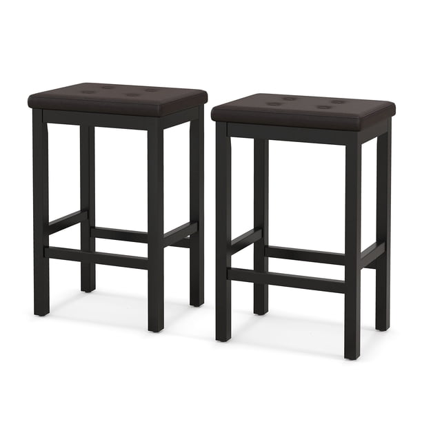 JWRWEFA 24 Inch Upholstered Bar Stools Set of 2, Counter Height Bar Stools with Solid Wood Legs, PVC Leather Padded Seat, Button Tufted Design, Footrest, for Kitchen Island & Bar, Brown & Black