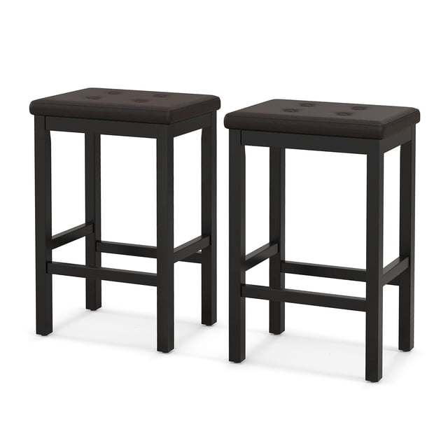 JWRWEFA 24 Inch Upholstered Bar Stools Set of 2, Counter Height Bar Stools with Solid Wood Legs, PVC Leather Padded Seat, Button Tufted Design, Footrest, for Kitchen Island & Bar, Brown & Black