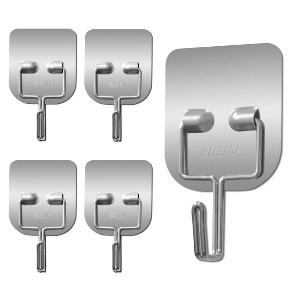 5 PCS Metal self-adhesive wall hooks - stainless steel hooks, suitable for hanging towels, coats, keys - strong adhesive, suitable for use in bathrooms/kitchens/outdoors