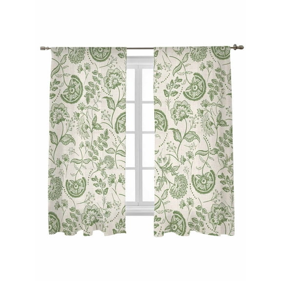 Farmhouse Sage Green Floral Sheer Curtains 72 inches Long 2 Panels Set Linen Boho Flower Rustic Country Sheer Window Curtain Rod Pocket Voile Drapes for Living Room/Bedroom, Each 52" W x 72" L