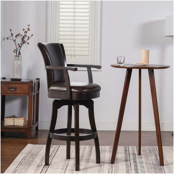 Vintage Brown Faux Leather Bar Stool with Swivel and Armrests, High Back Support for Kitchen Island, Counter Height