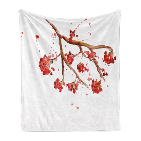 Rowan Soft Flannel Fleece Throw Blanket, Rowan Berry Branch with Watercolor Splashes Floral Abstract Display, Cozy Plush for Indoor and Outdoor Use, 60" x 80", Red Brown White, by Ambesonne